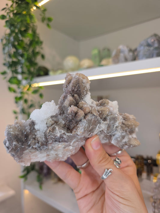 Dogtooth Calcite on Fluorite with Sparkly Selenite Coating Santa Eulalia, Chihuahua, Mexico - B