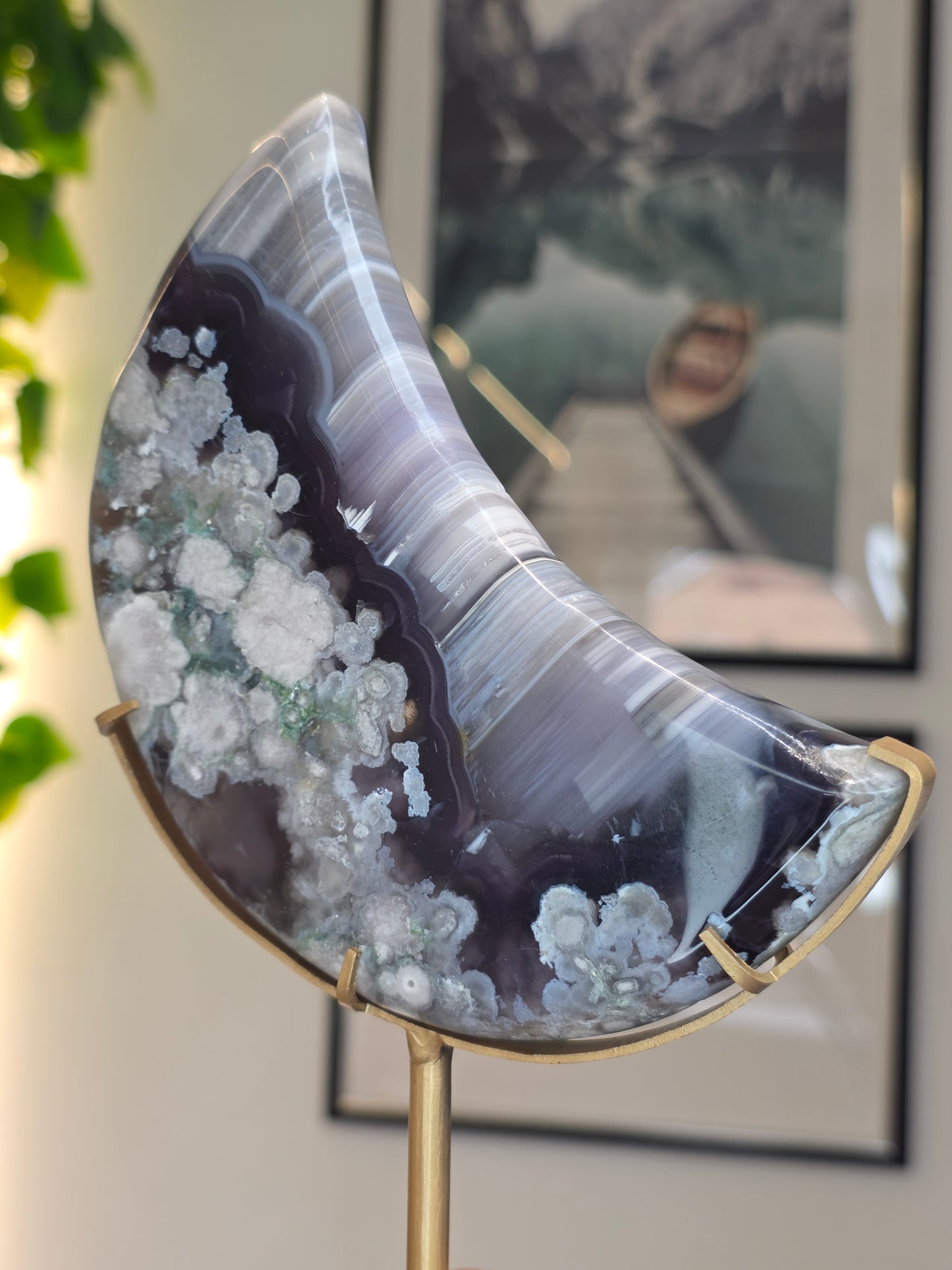 Black / Blue Flower Agate Moon with custom stand - B