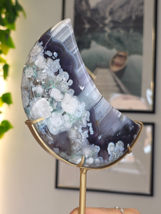 Black / Blue Flower Agate Moon with custom stand - B