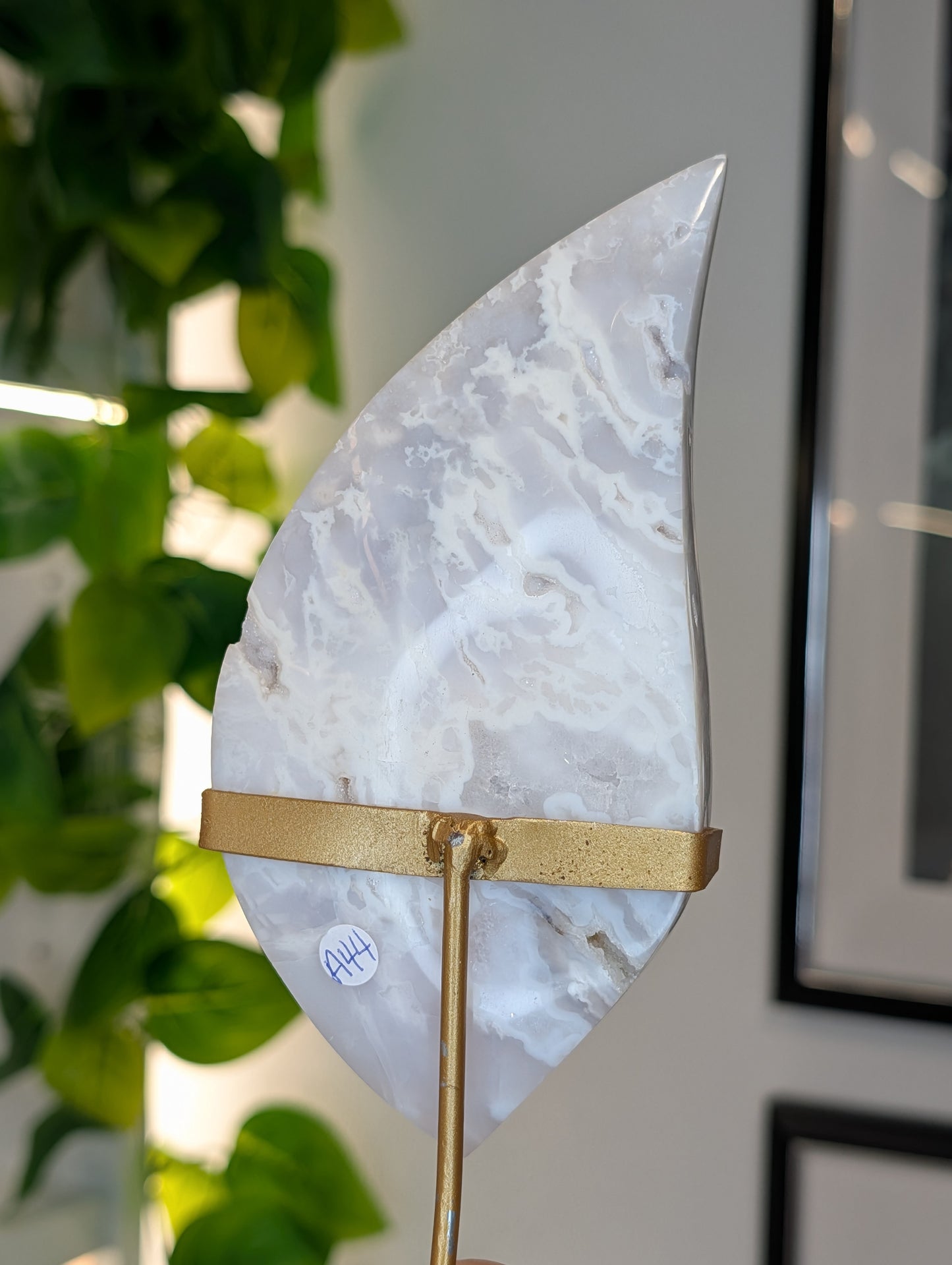 Indonesian Druzy White Agate Flame on Custom Stand