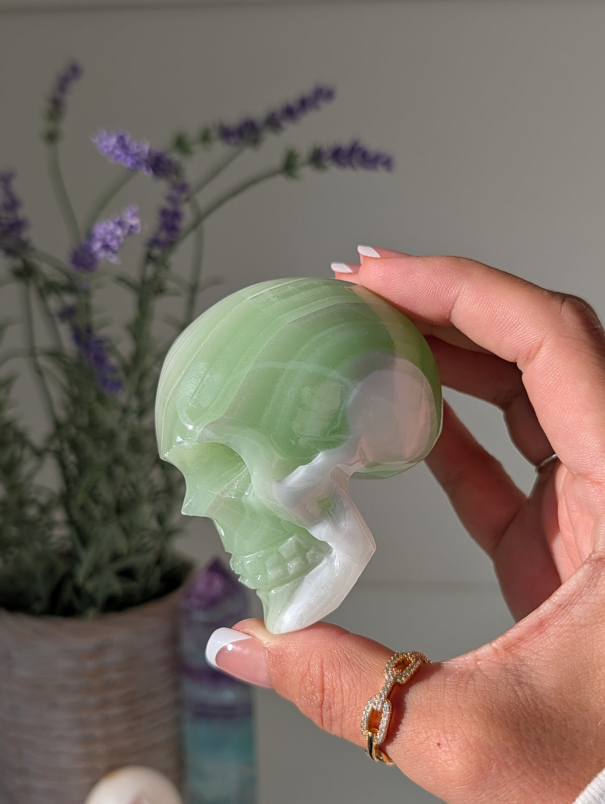 Green Banded Onyx Calcite Skull from Mexico