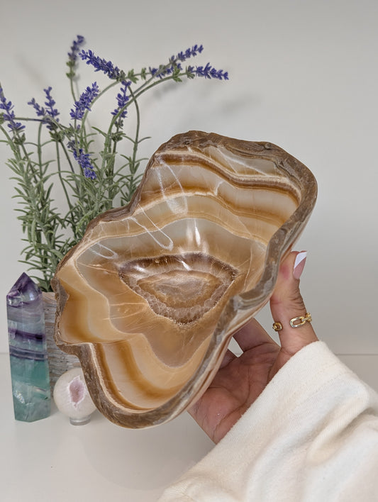 Hand Crafted Banded Honey Onyx Calcite Bowl from Mexico