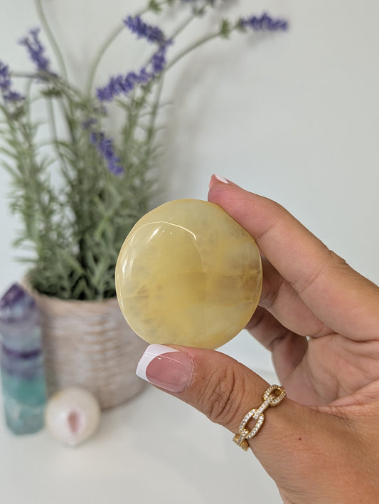 Intuitively Chosen Pakistan Lemon Calcite Round Flat Palm Stones