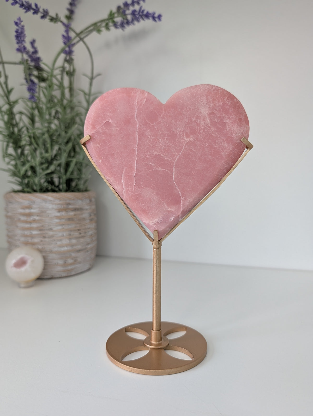 Pink Opal Heart on Custom Gold Stand