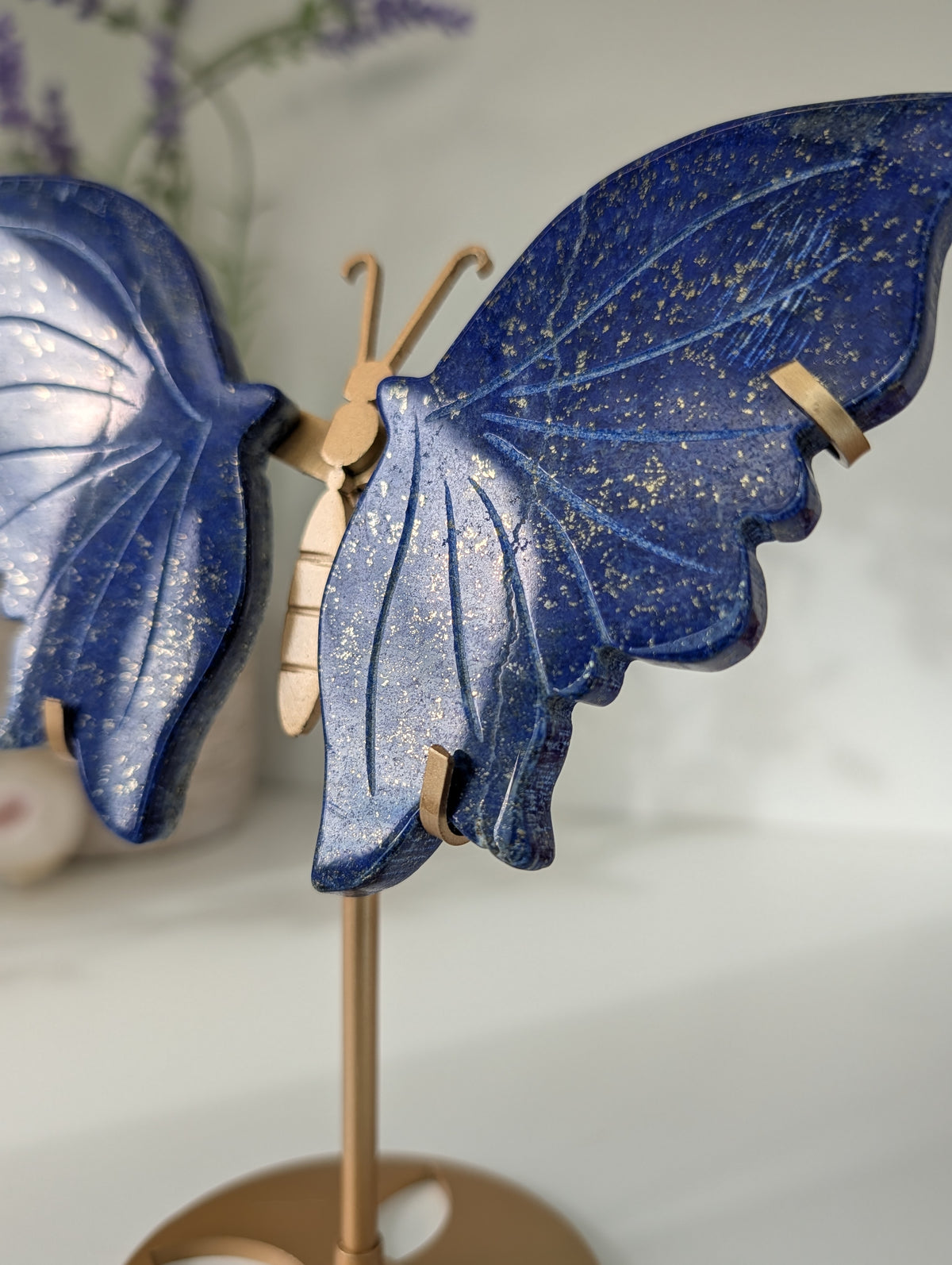 Lapis Lazuli Butterfly Wings on Custom Gold Stand