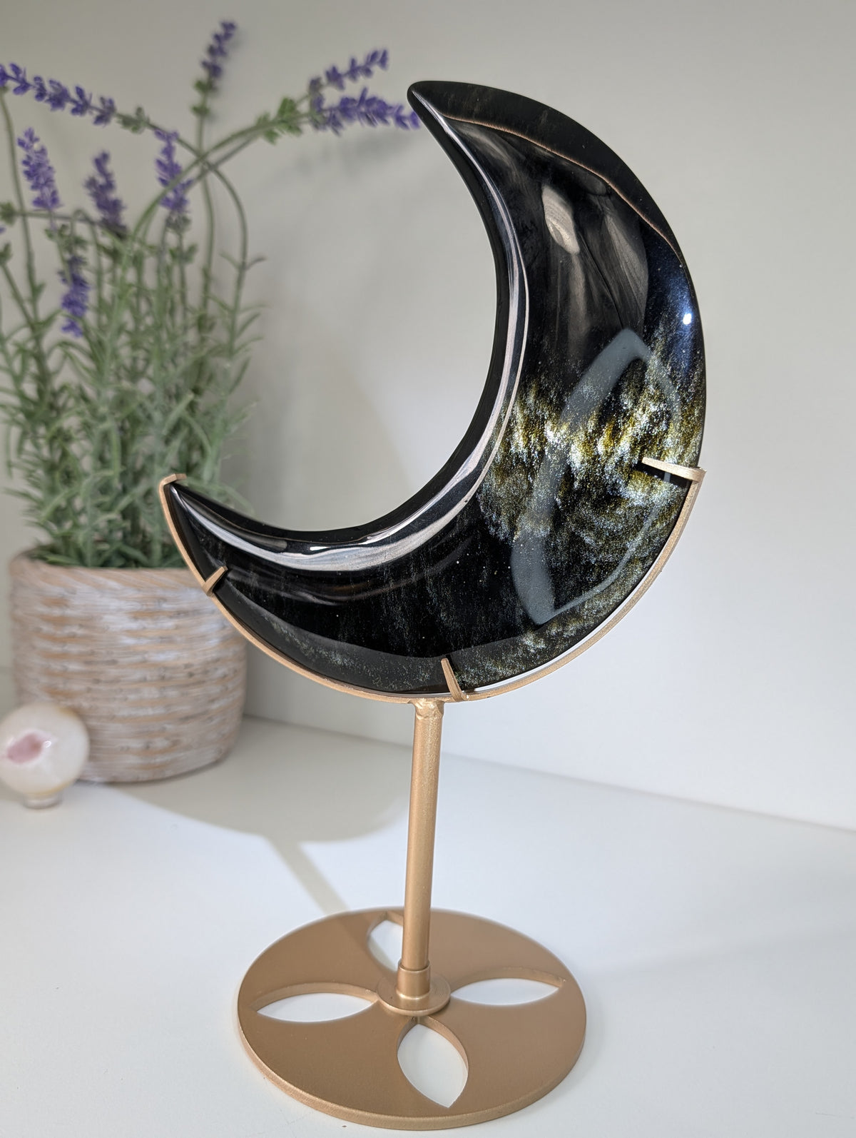 Gold Sheen Obsidian Moon on Custom Gold Stand