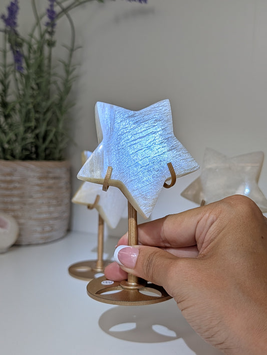 Blue / White Moonstone Stars on Custom Stands