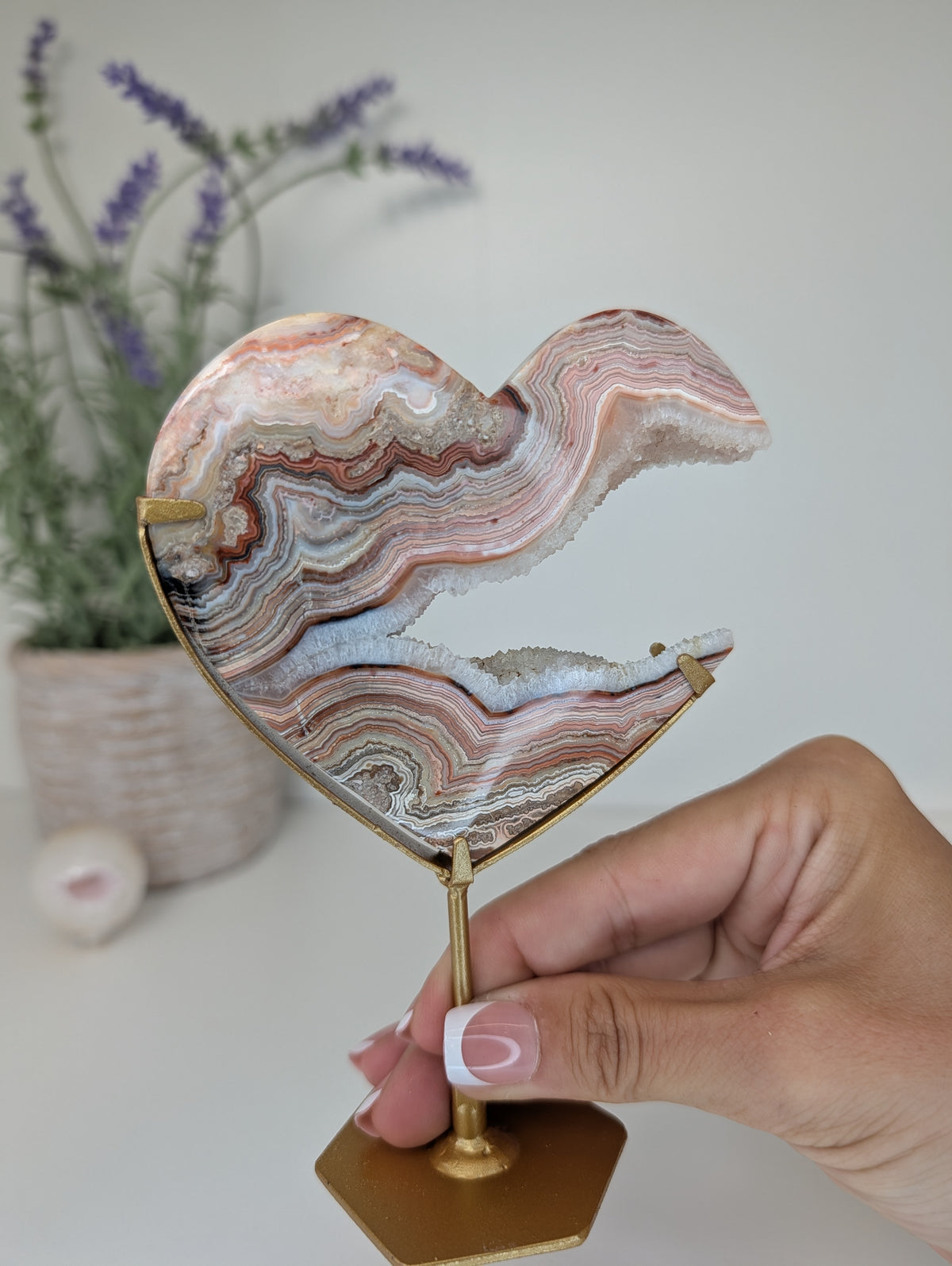 Druzy Pink Crazy Lace Heart on Custom Gold Stands from Indonesia