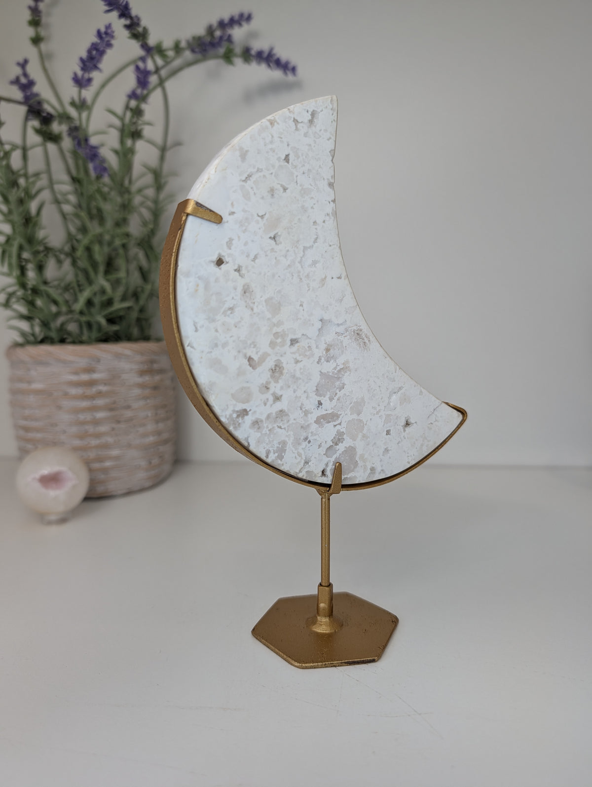 Druzy White Agate Moon on Gold Custom Stand from Indonesia