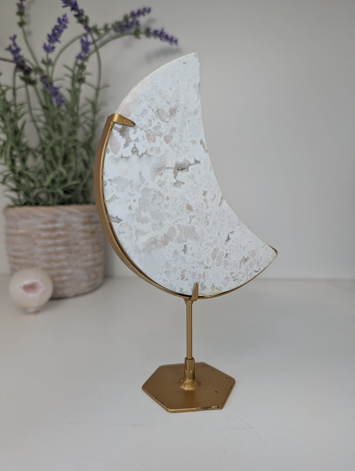 Druzy White Agate Moon on Gold Custom Stand from Indonesia