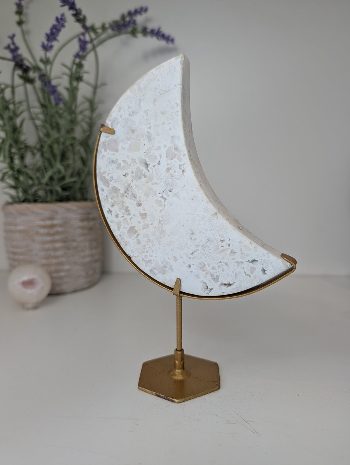 Druzy White Agate Moon on Gold Custom Stand from Indonesia