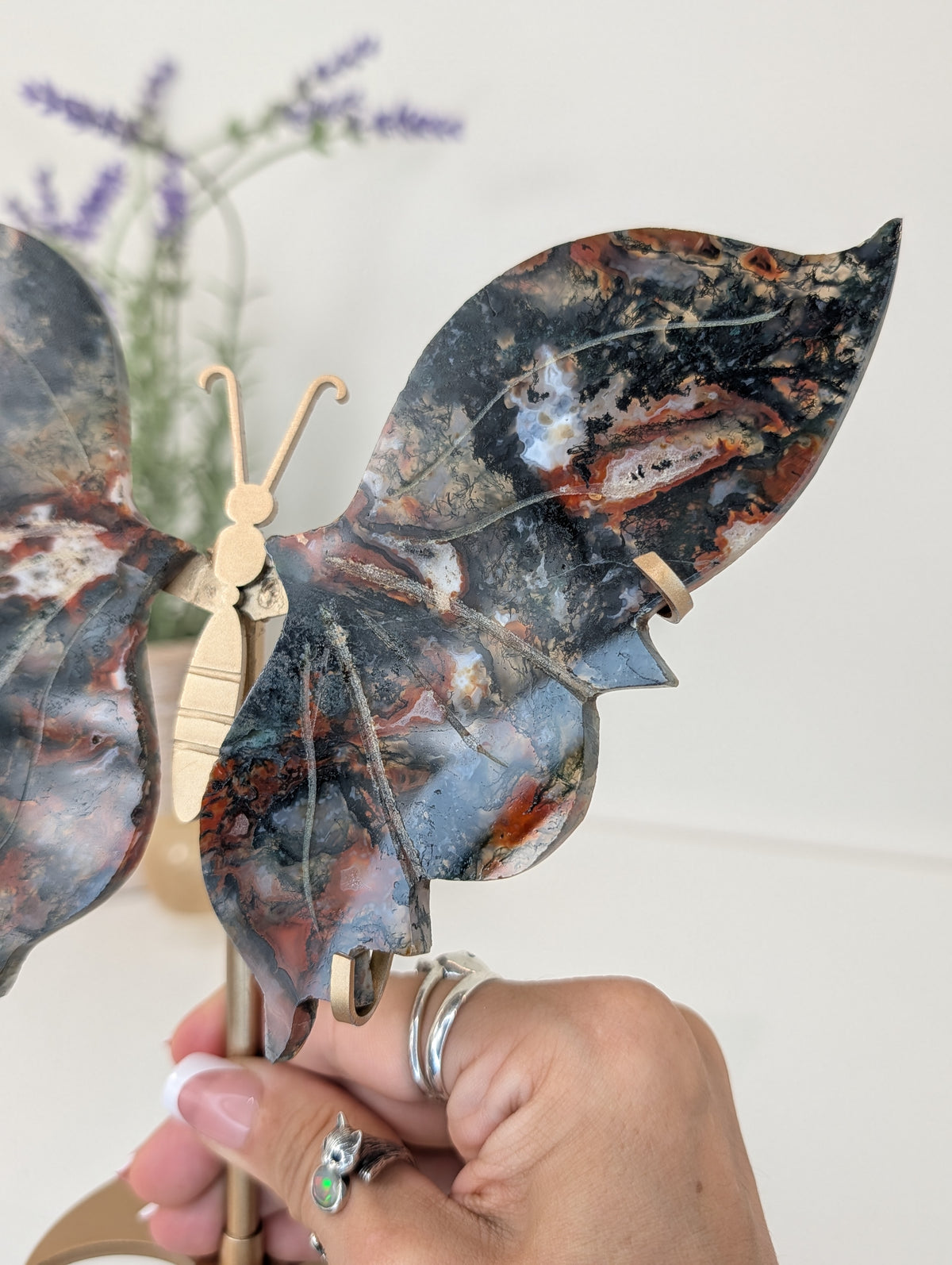 Carnelian Moss Agate Butterfly on Custom Gold Stand