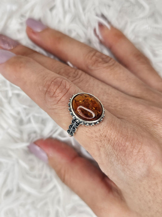 S925 Silver Adjustable Flower Amber Ring - MAS1036