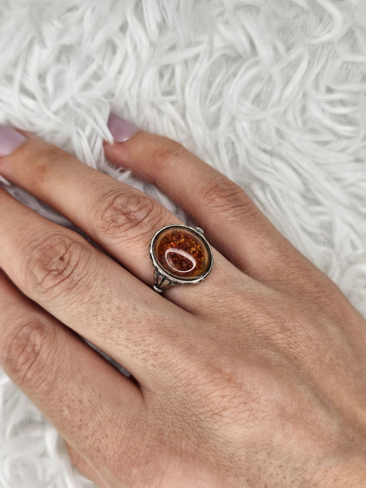 S925 Silver Adjustable Flower Amber Ring - MAS1038