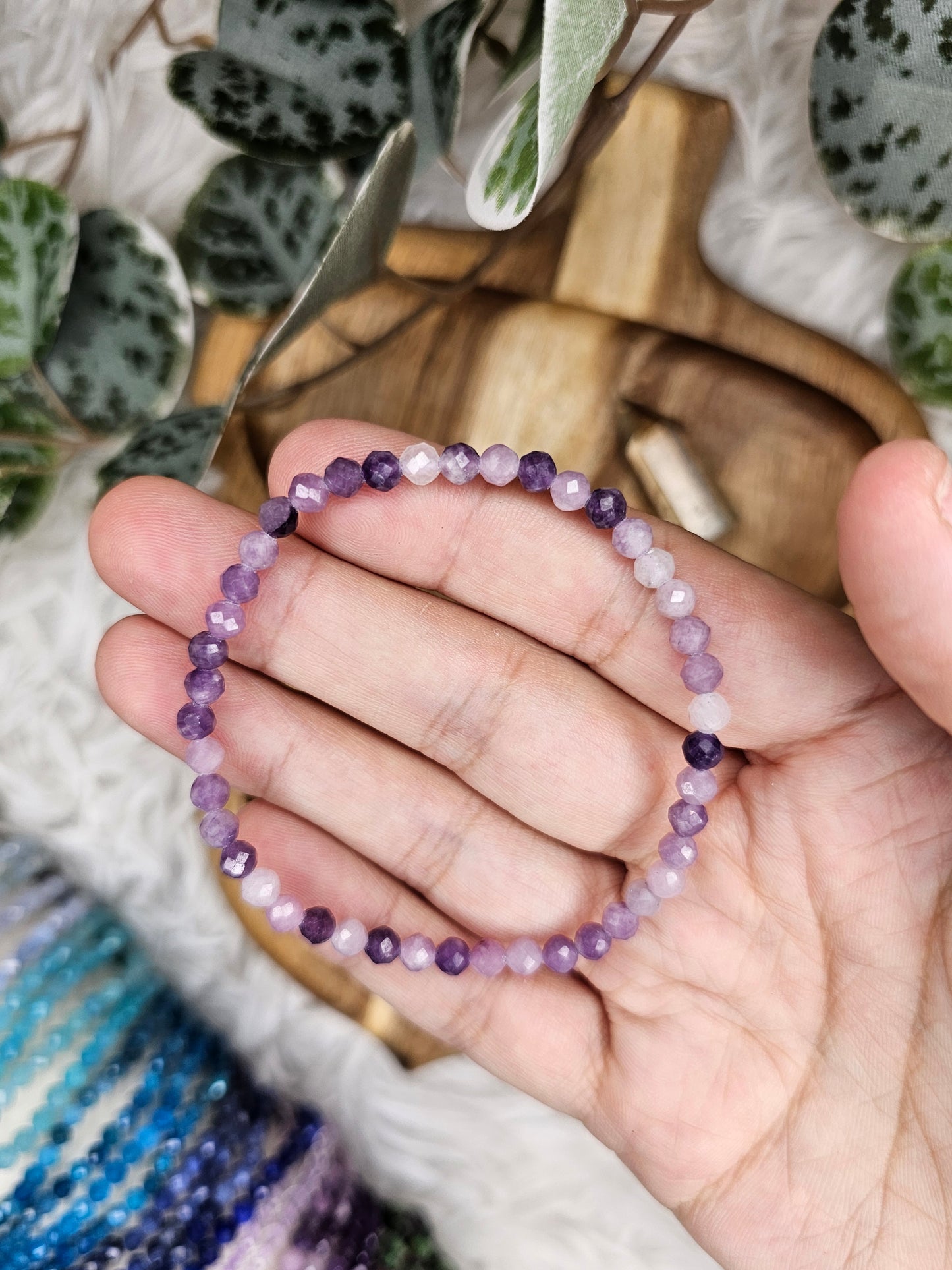 4mm Facetted Amethyst, Aquamarine, Blue Lace, Ruby Zoisite, Lapis Lazuli, Sodlite, Tourmaline, Lepidolite, Malachite, Apatite, Amazonite Moonstone Bracelet - MAS0991