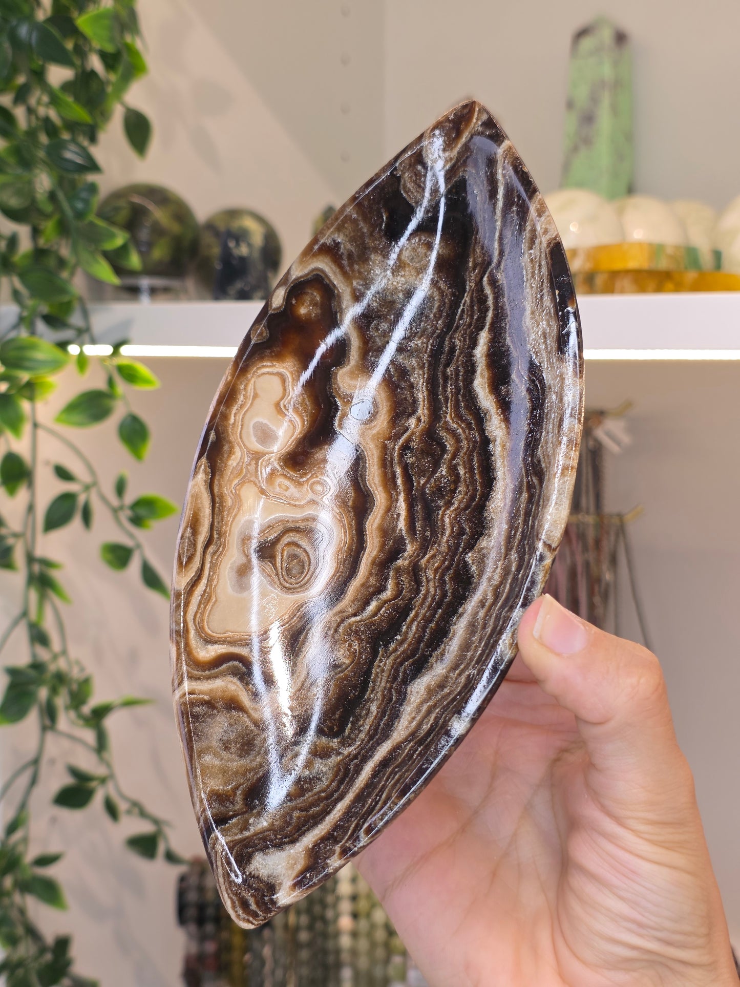 Mexican Onyx Leaf Bowl Tray Plate - Chocolate Calcite - A