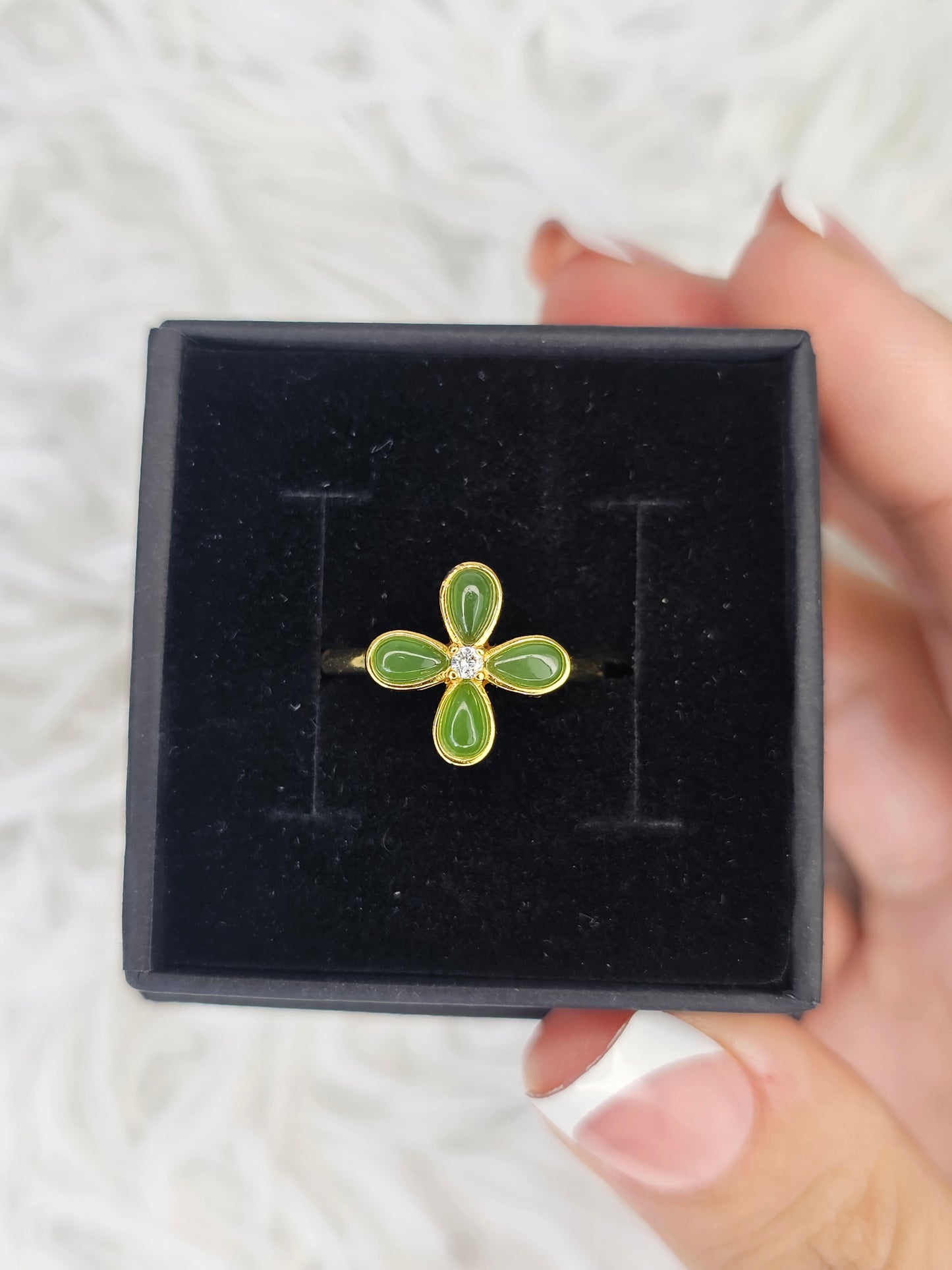 18ct Gold Plated S925 Silver Adjustable Jade Flower Ring - MAS0910