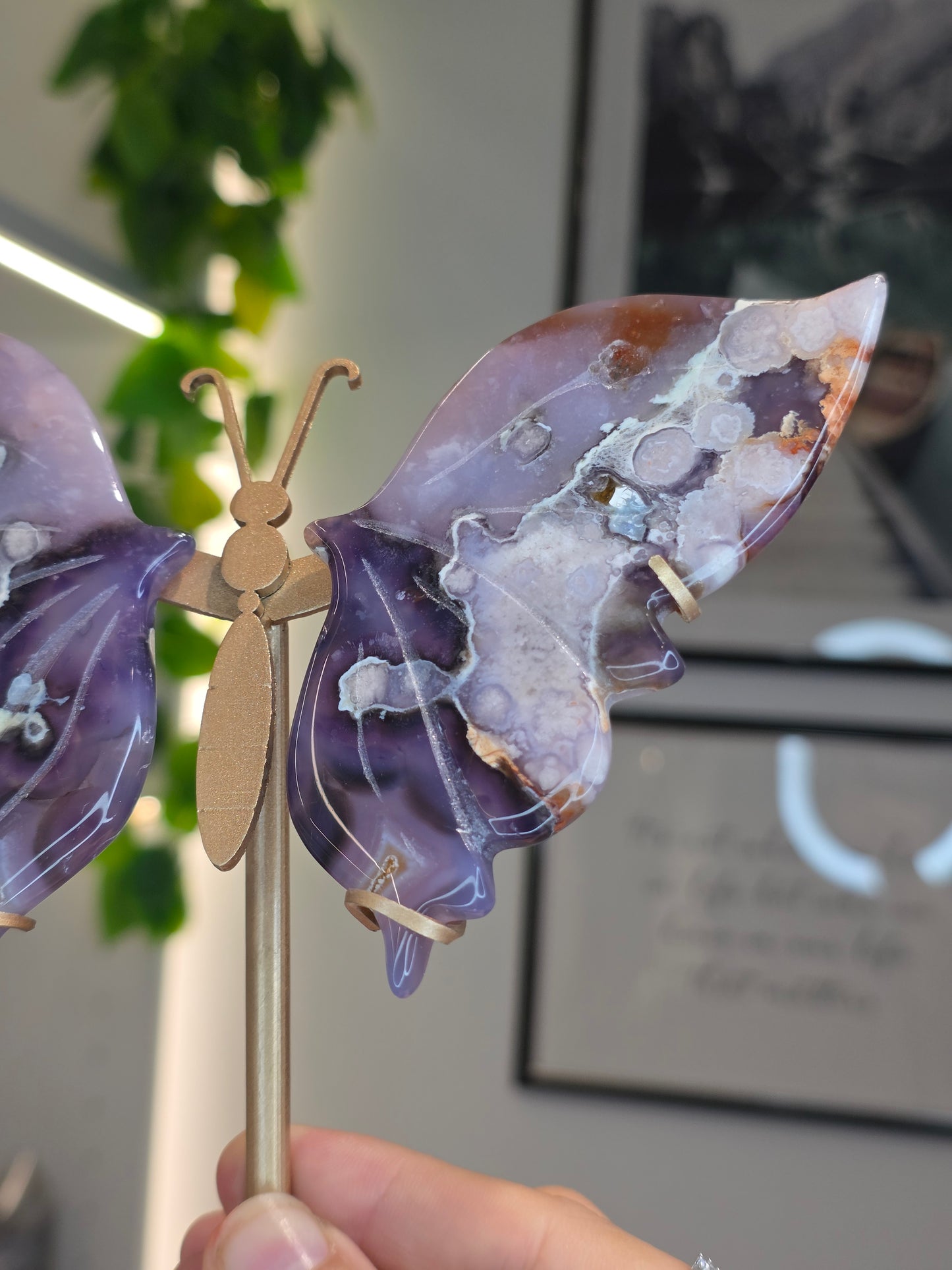 Blue Flower Agate Butterfly Wings on Custom Stand - E