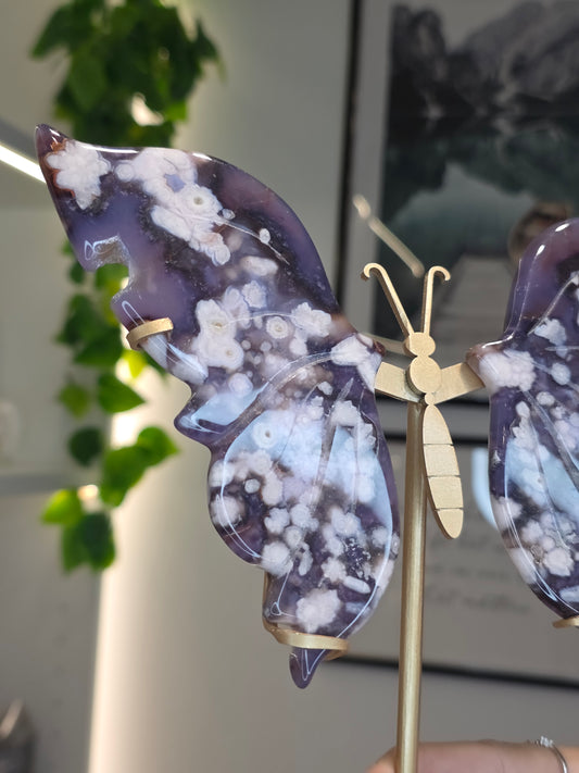 Blue Flower Agate Butterfly Wings on Custom Stand - A