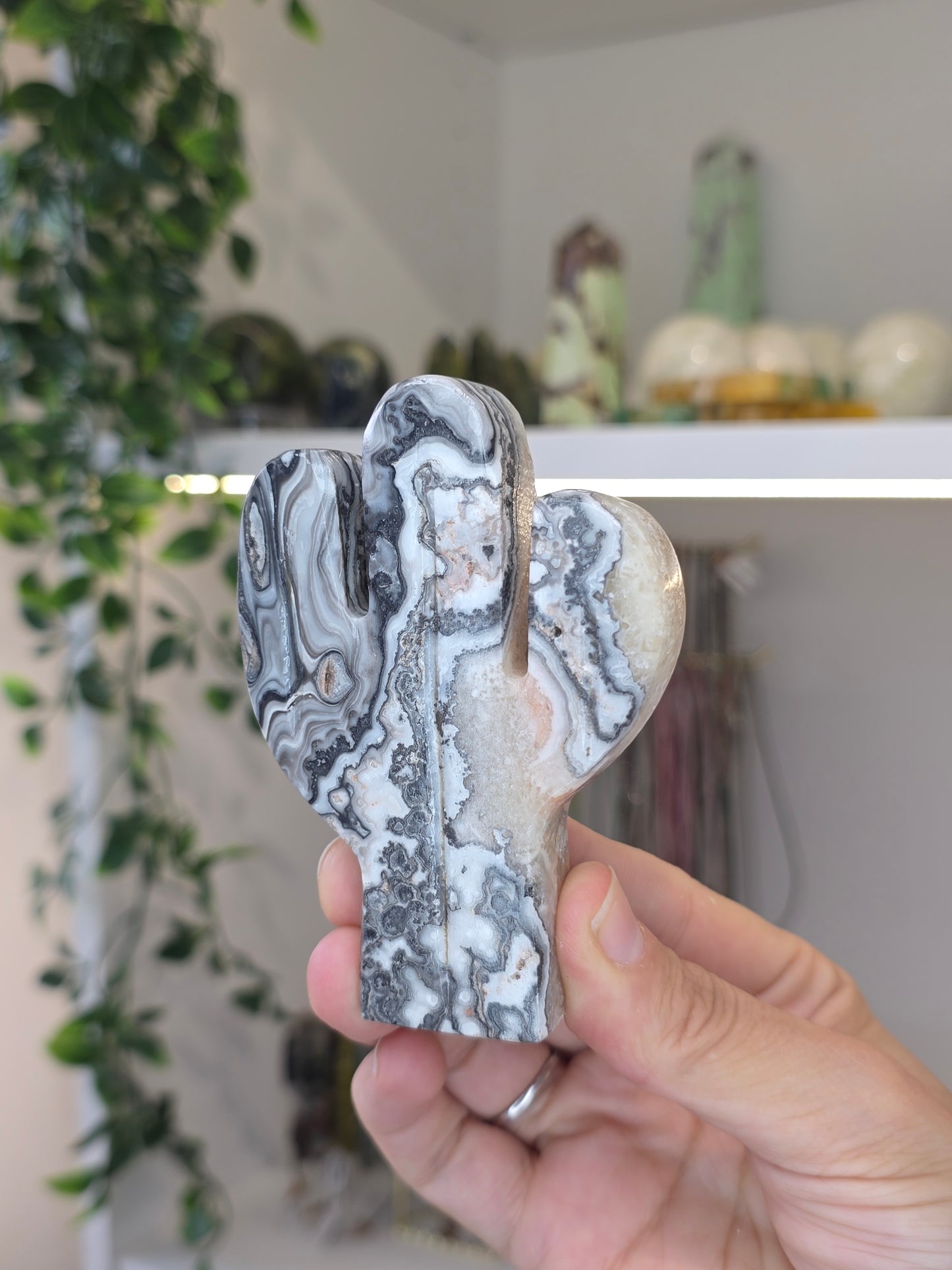 Small Mexican Onyx Freestanding Cactus Carving - Black/White Zebra Calcite - C