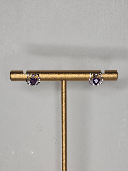 Amethyst Cat Heart Earrings with S925 Posts