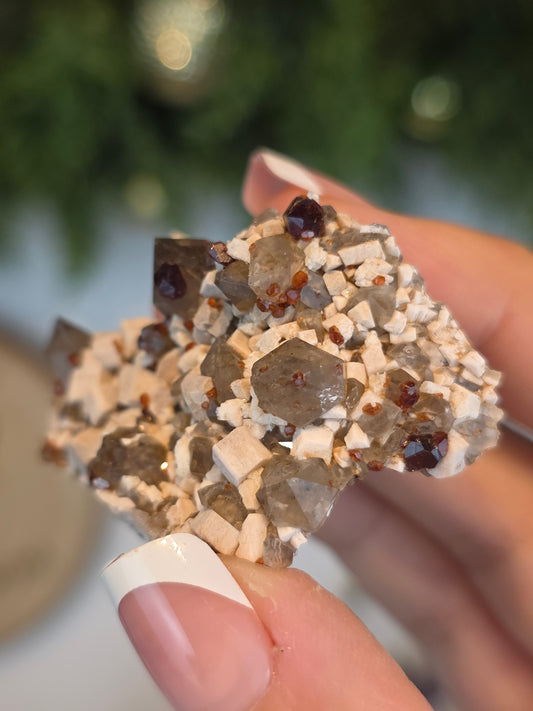 Garnet and Smokey Quartz on Feldspar from Tongbei Mine, Fuijian, China - MAS6109