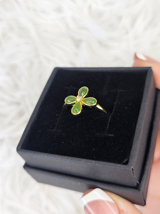 18ct Gold Plated S925 Silver Adjustable Jade Flower Ring - MAS0910