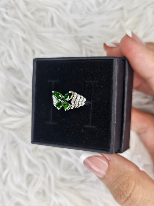 S925 Silver Adjustable Diopside & Quartz Ring - MAS0949
