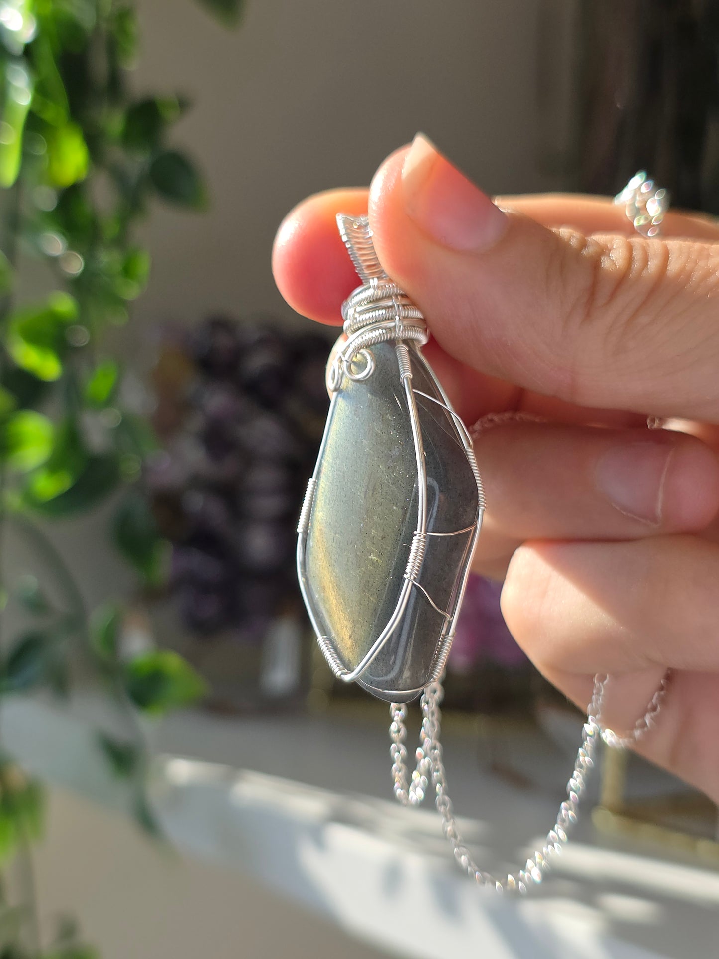 S925 Silver Labradorite Hand Wrapped Necklace - F