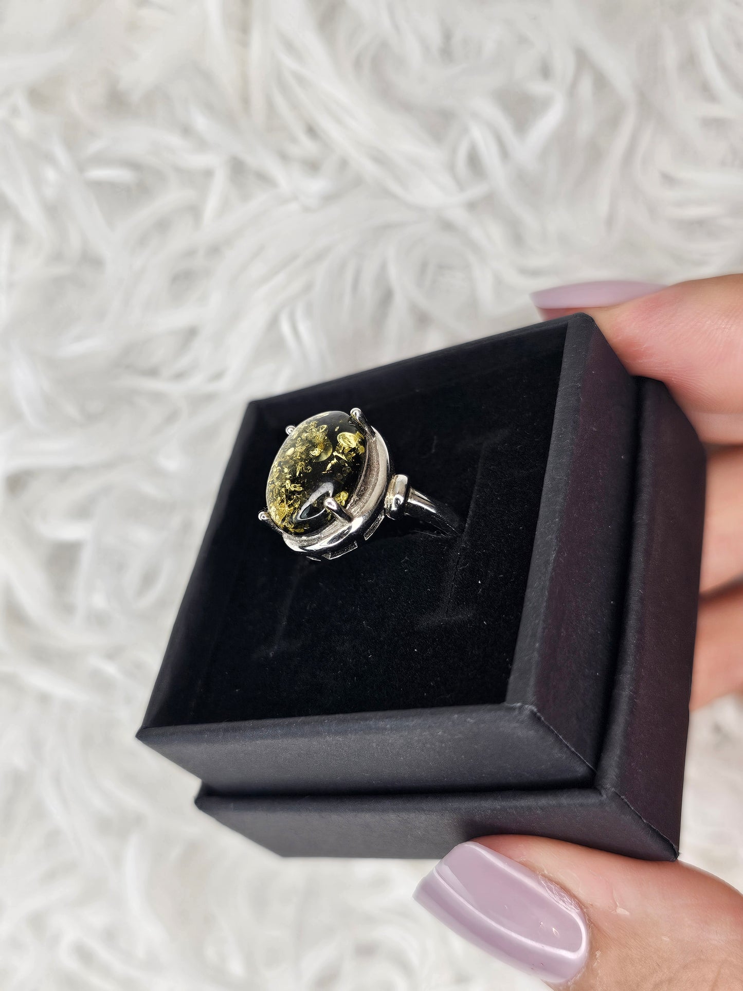 S925 Silver Adjustable Black Amber Ring - MAS1046
