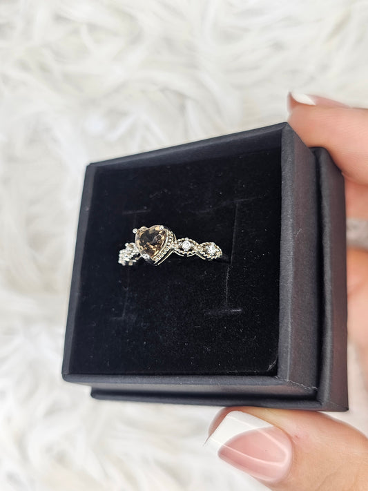 S925 Silver Adjustable Smokey Quartz Heart Ring - MAS0916