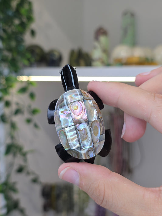 Hand Carved Mexican Obsidian Turtle with Abalone Shell - B