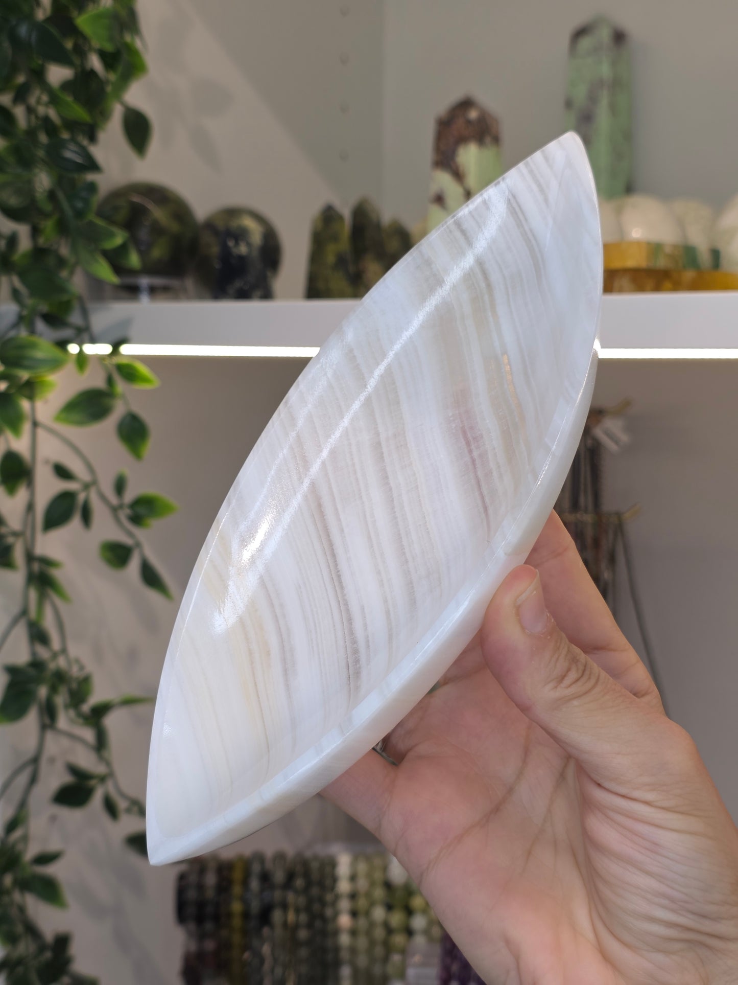 Mexican Onyx Leaf Bowl Tray Plate - White Calcite - B