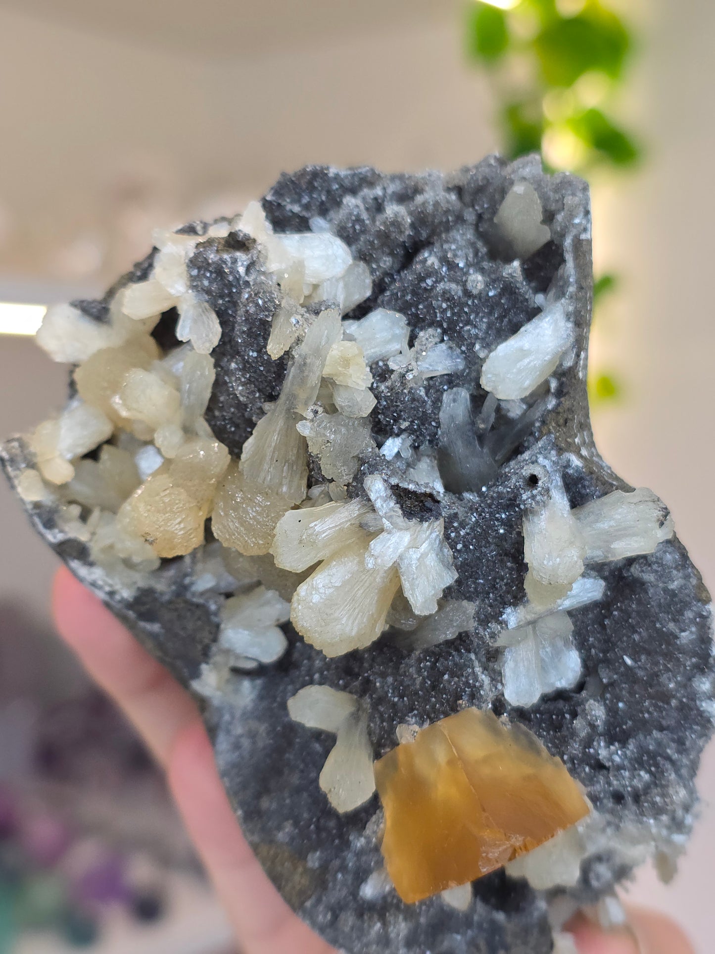 Honey Calcite on Black Chalcedony with Stilbite (O) from Madhya Pradesh India