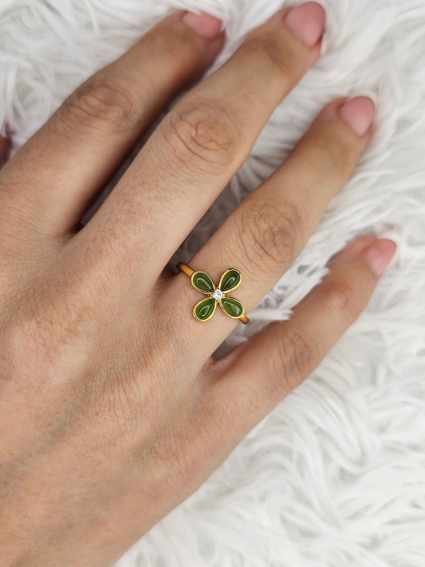 18ct Gold Plated S925 Silver Adjustable Jade Flower Ring - MAS0910