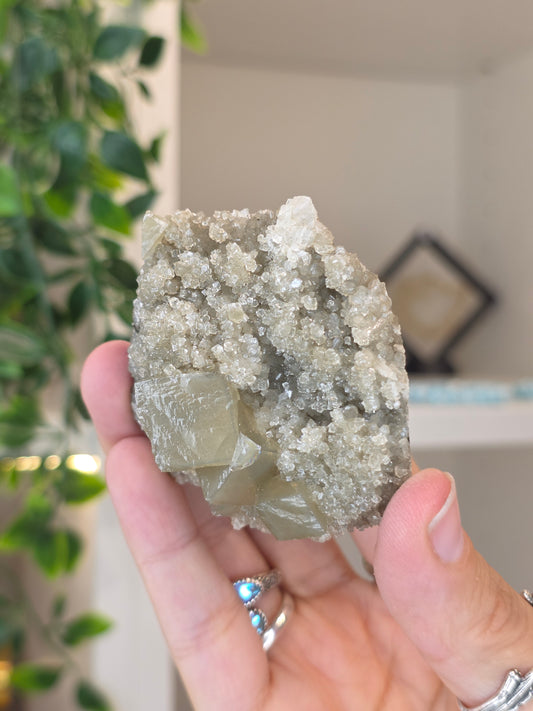 Honey Calcite Cubes on Druzy Sugar Calcite and Stilbite Matrix from Madhya Pradesh, India - J