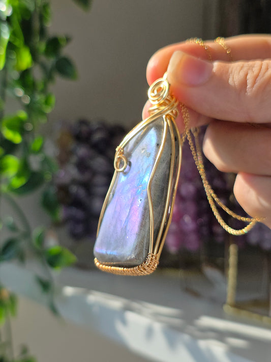 S925 Silver Labradorite Hand Wrapped Necklace - G
