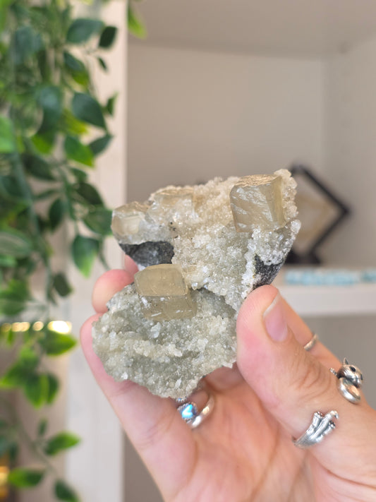 Honey Calcite Cubes on Druzy Sugar Calcite and Stilbite Matrix from Madhya Pradesh, India - C