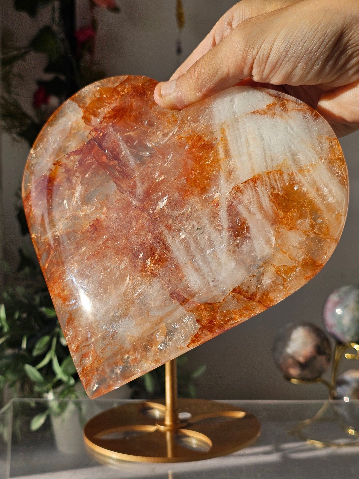 High Quality Golden Healer Fire Quartz Heart on Custom Stand - MAS0814