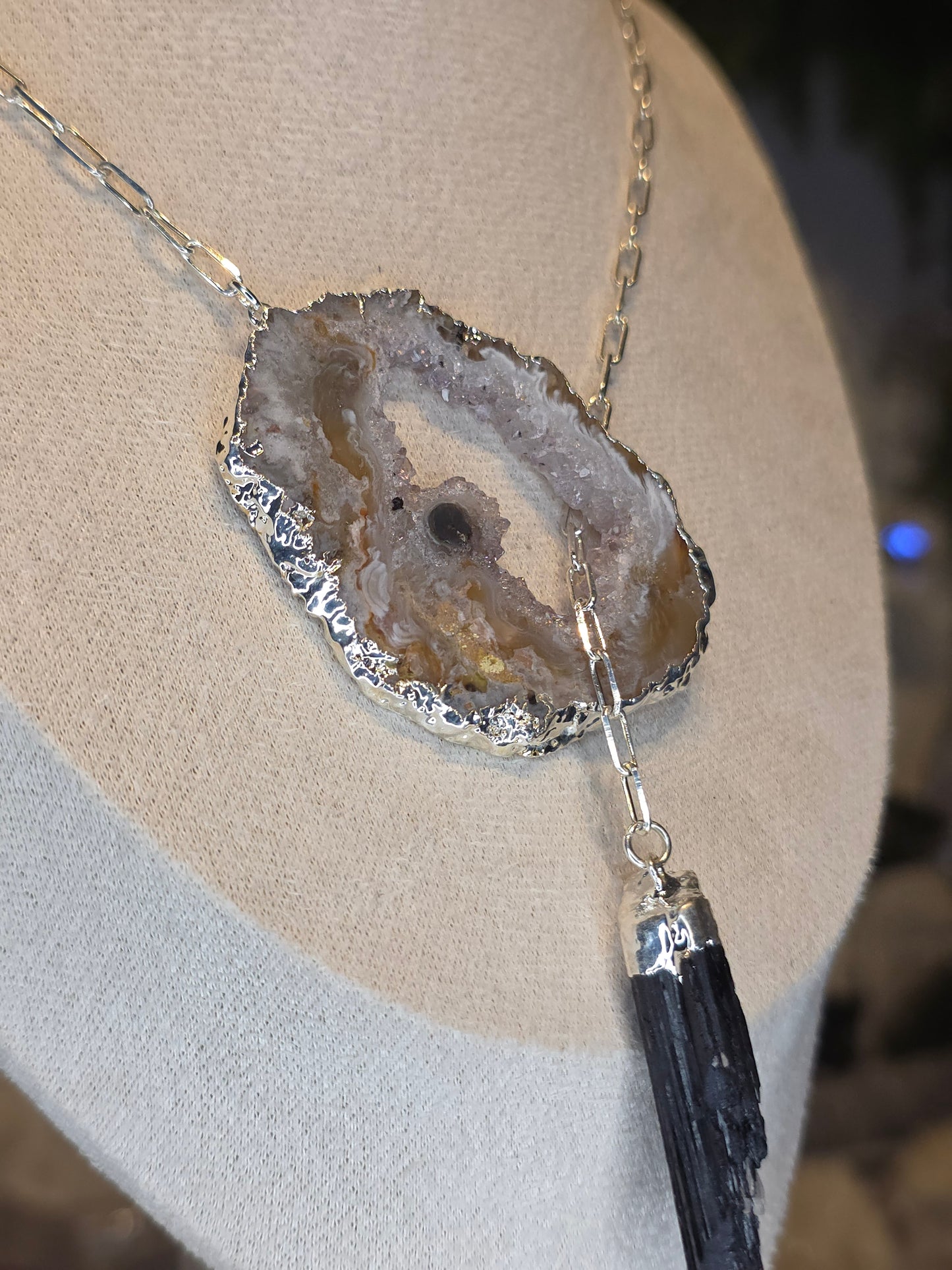 Silver Plated Druzy Brazilian Agate Necklace with Black Tourmaline Drop B