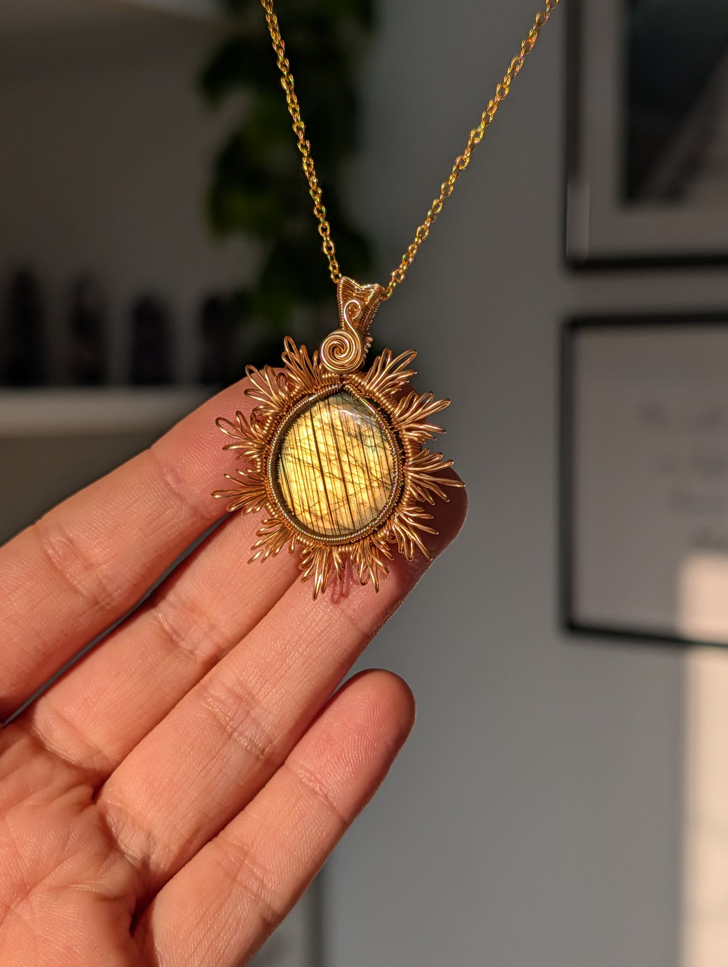 High Quality Hand Wrapped Gold Labradorite Sun Pendant with S925 Silver Gold Plated Chain Necklace - C42