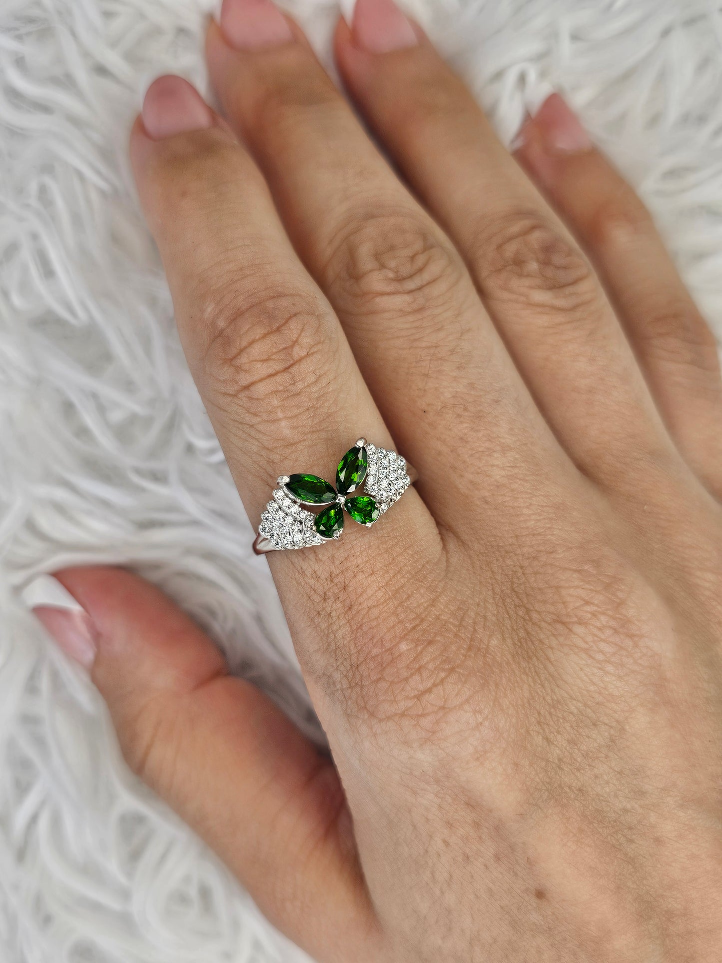 S925 Silver Adjustable Diopside & Quartz Ring - MAS0949