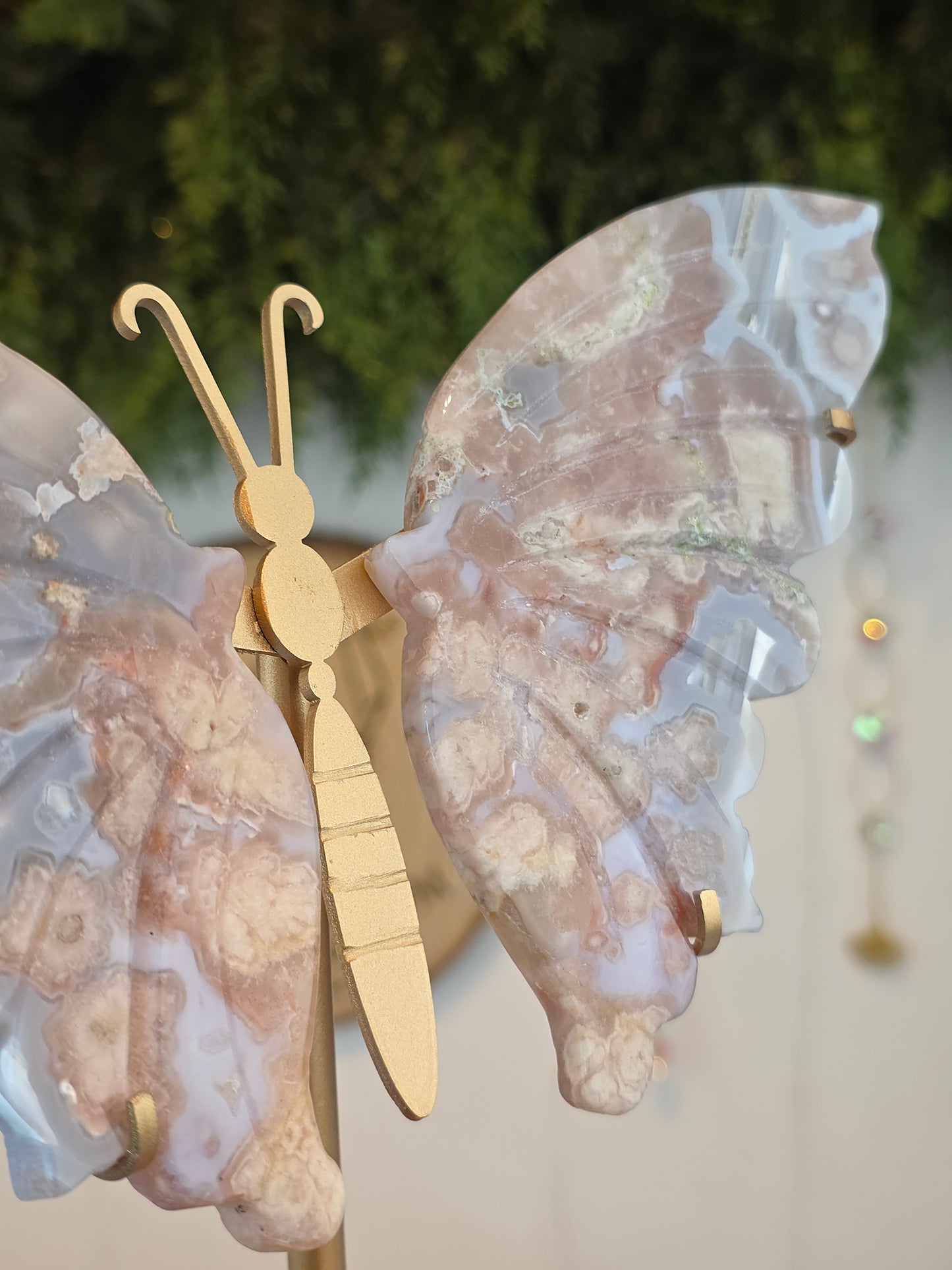 Pink Flower Agate Butterfly Wings on Custom Stand