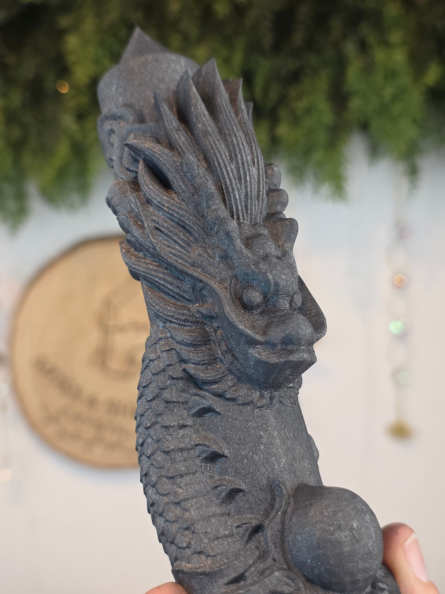 Shungite Tower with Dragon Carving A