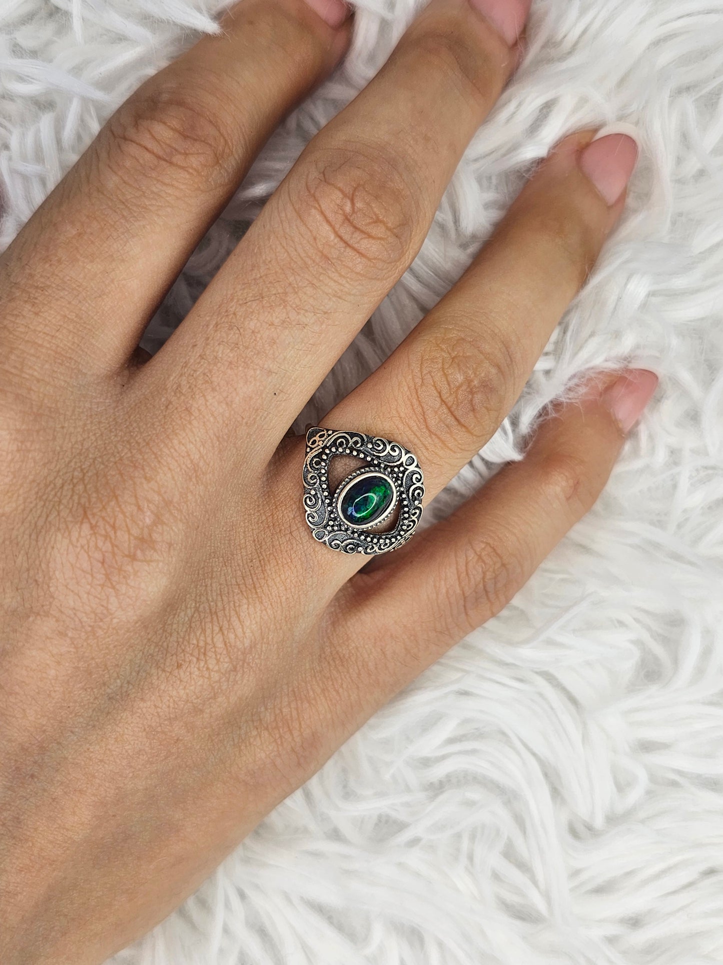 S925 Silver Adjustable Black Opal Ring - MAS0929