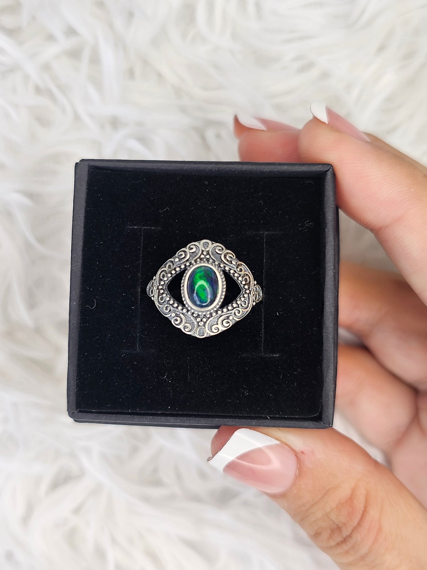 S925 Silver Adjustable Black Opal Ring - MAS0929