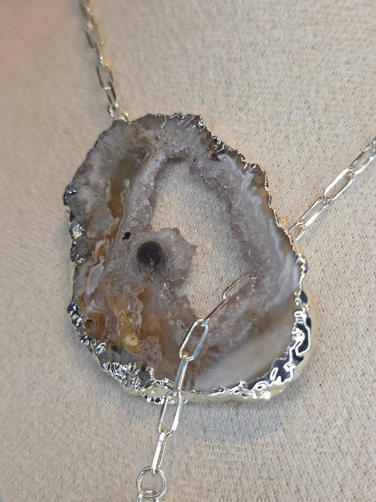 Silver Plated Druzy Brazilian Agate Necklace with Black Tourmaline Drop B