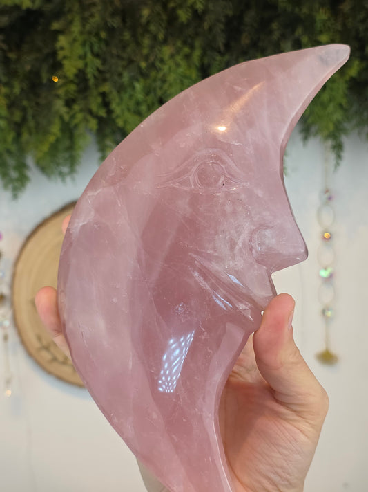 Rose Quartz Moon Face on Custom Stand