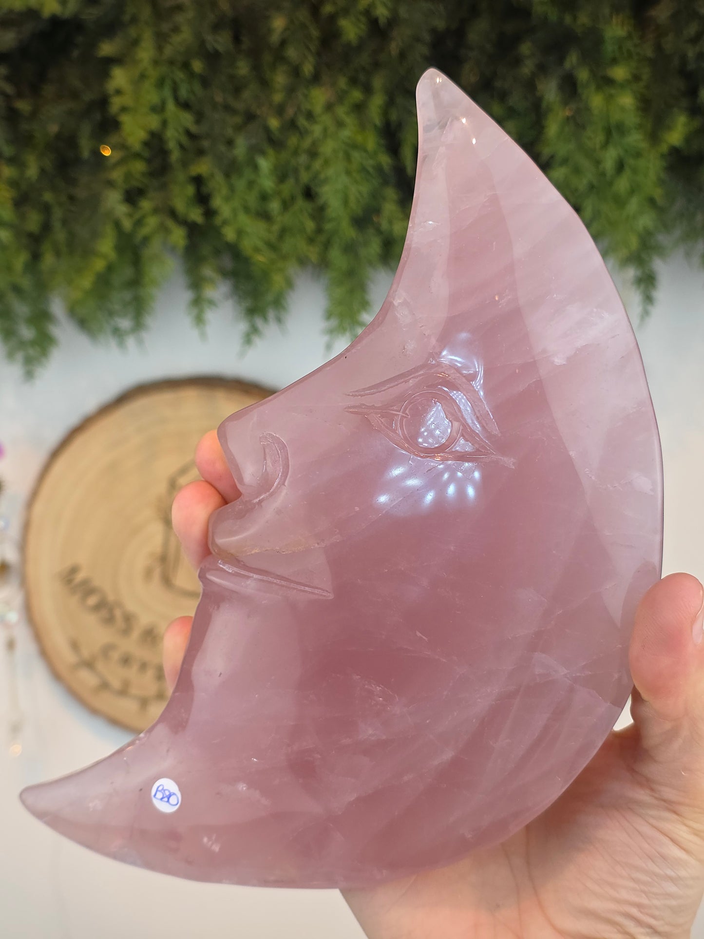 Rose Quartz Moon Face on Custom Stand