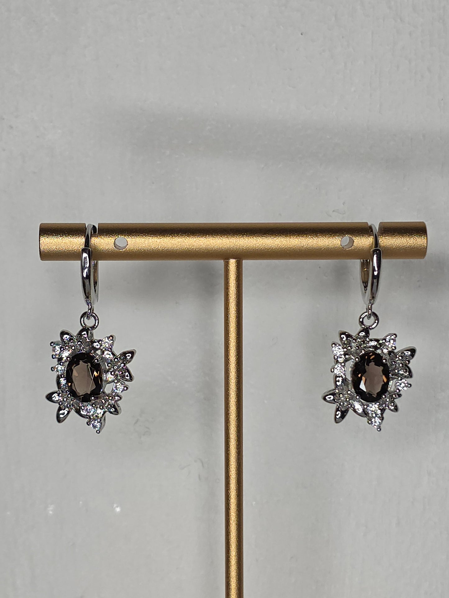 Smokey Quartz with Clear Quartz Flower Earrings with S925 Posts